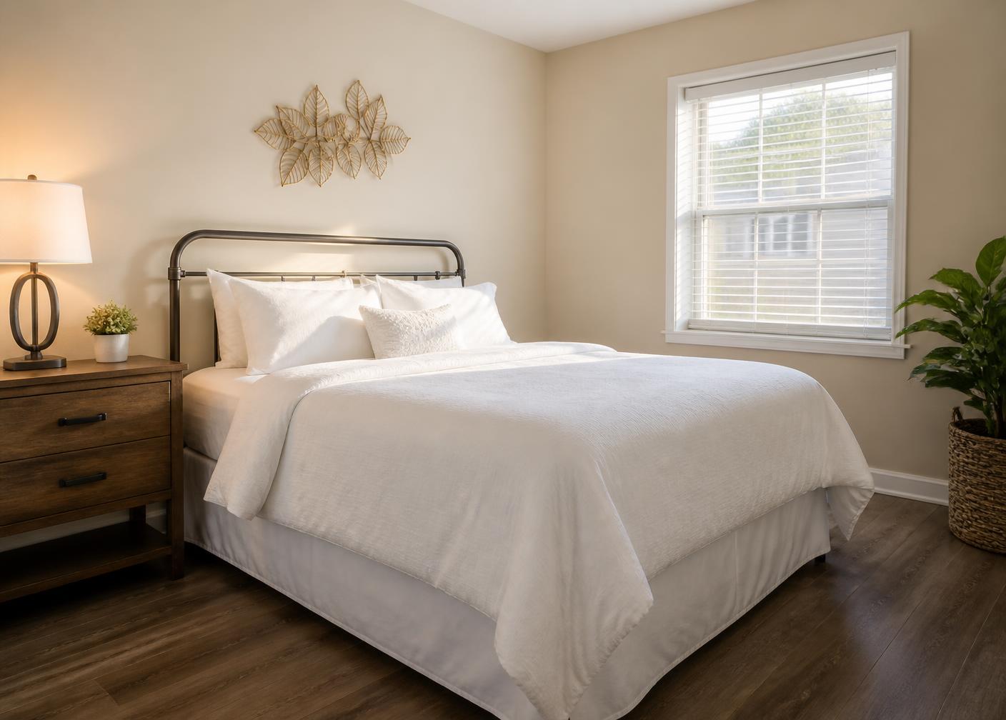 A clean, tidy bedroom with all-white bedding and warm natural light