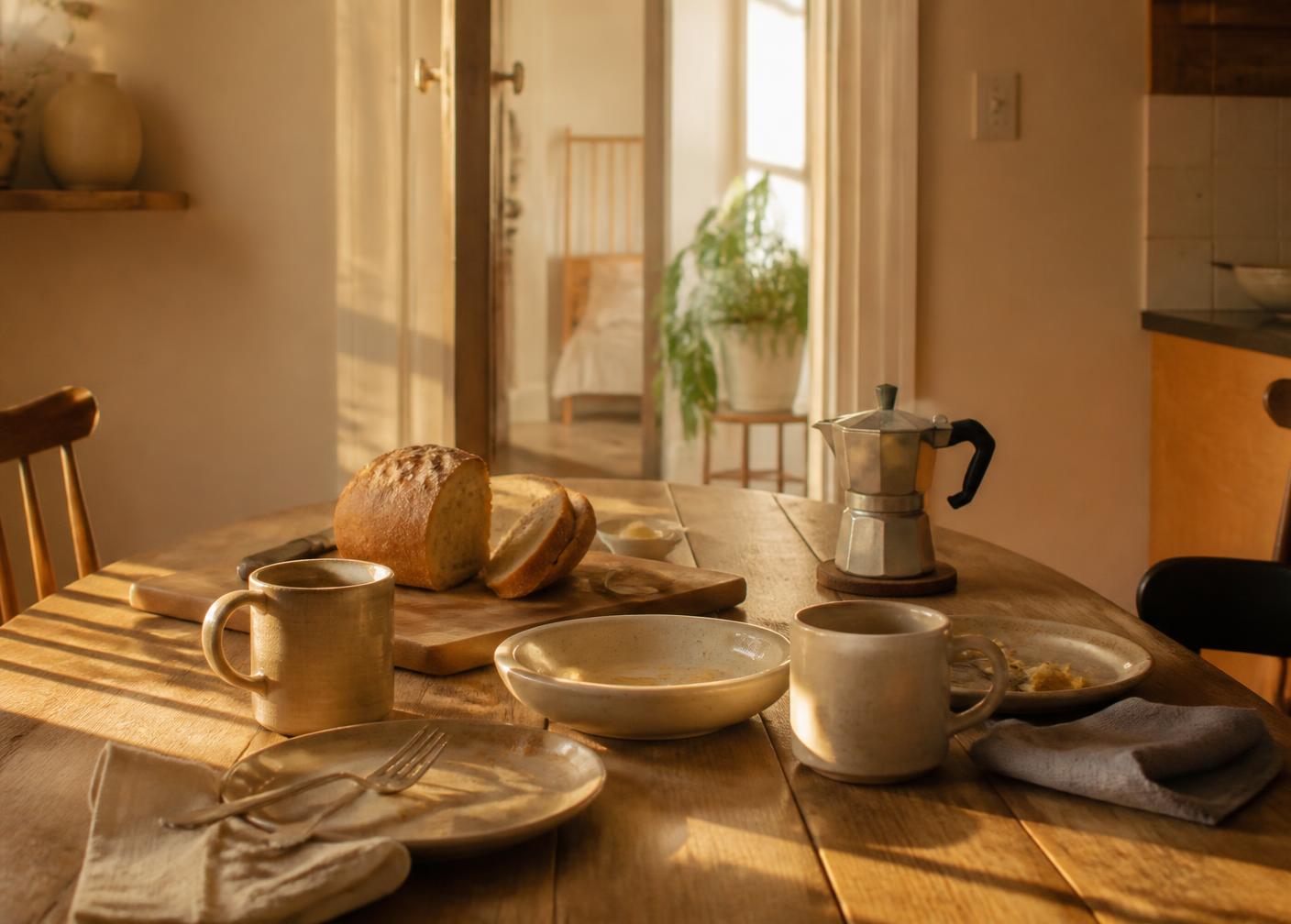 A shared kitchen table set for a simple morning meal